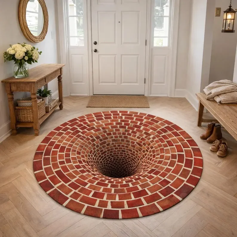 3D Optical Illusion Round Rug Brick Vortex Design Area Rug Modern Entryway Rug Statement Floor Art Unique Circular Rugs