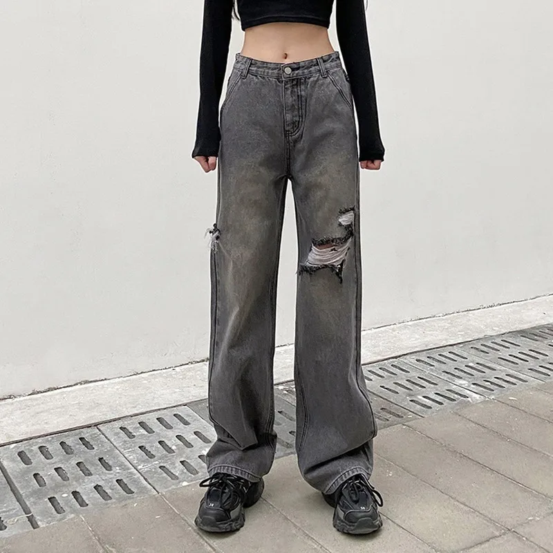 

New High-waist Women's Fashion Loose Ripped Denim Mop Pants Casual Retro Straight-leg Micro-flare Wide-leg Y2k Jeans Trousers