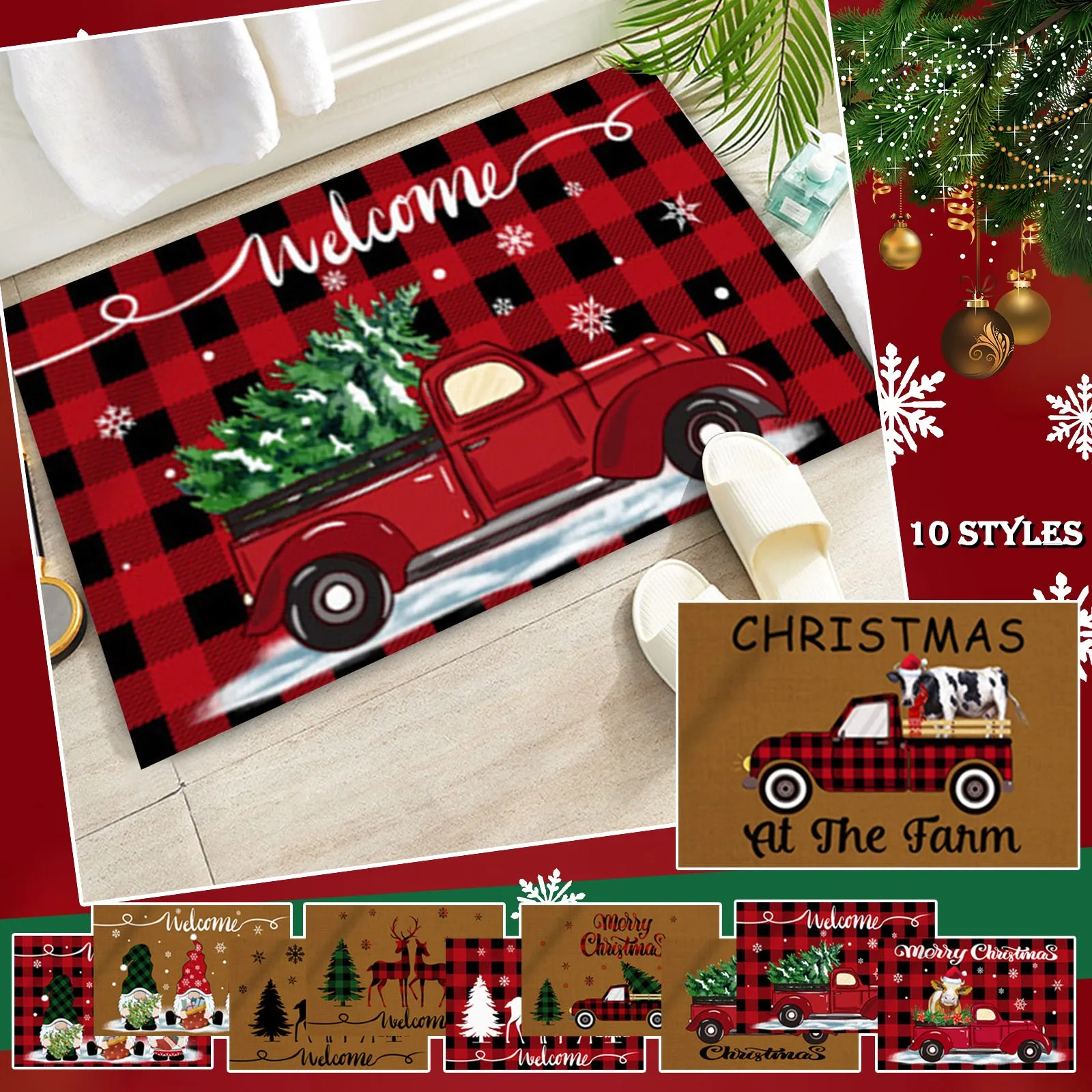 Indoor & Outdoor Christmas Door Mat Resist Dirt Low Profile Rug Durable and Washable Absorb Water -Slip Toilet Entryway Big Rugs