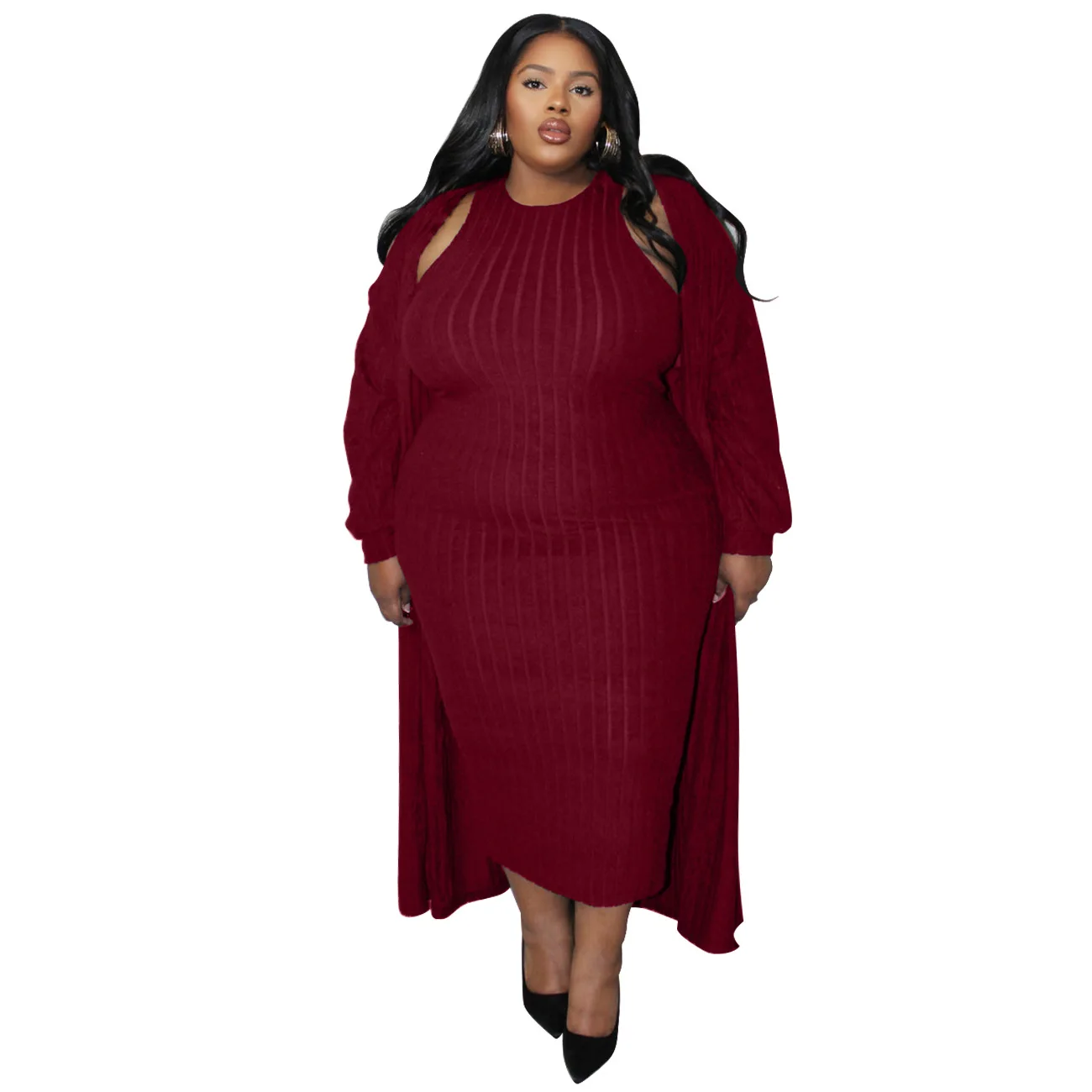 New Autumn Winter Women Fashion Dress Plus Size Clothing Long-sleeved Jacke Two-piece Suit Solid Casual Cardigan and Dresses