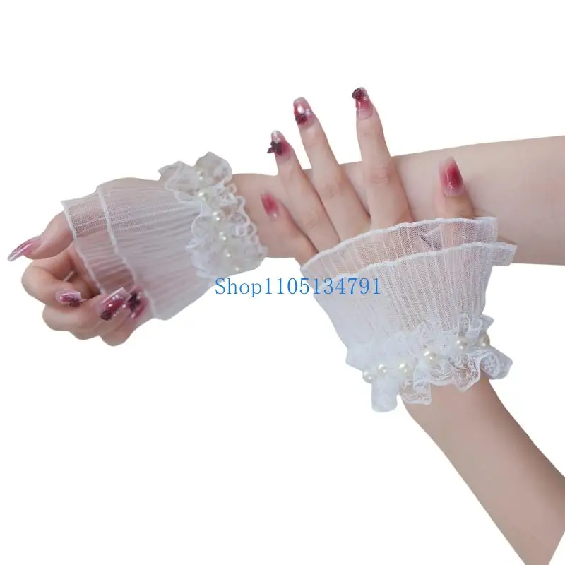 98km-調節可能なシフォンアームスリーブ-レース手首袖口-パール装飾付き-ハンドスリーブ