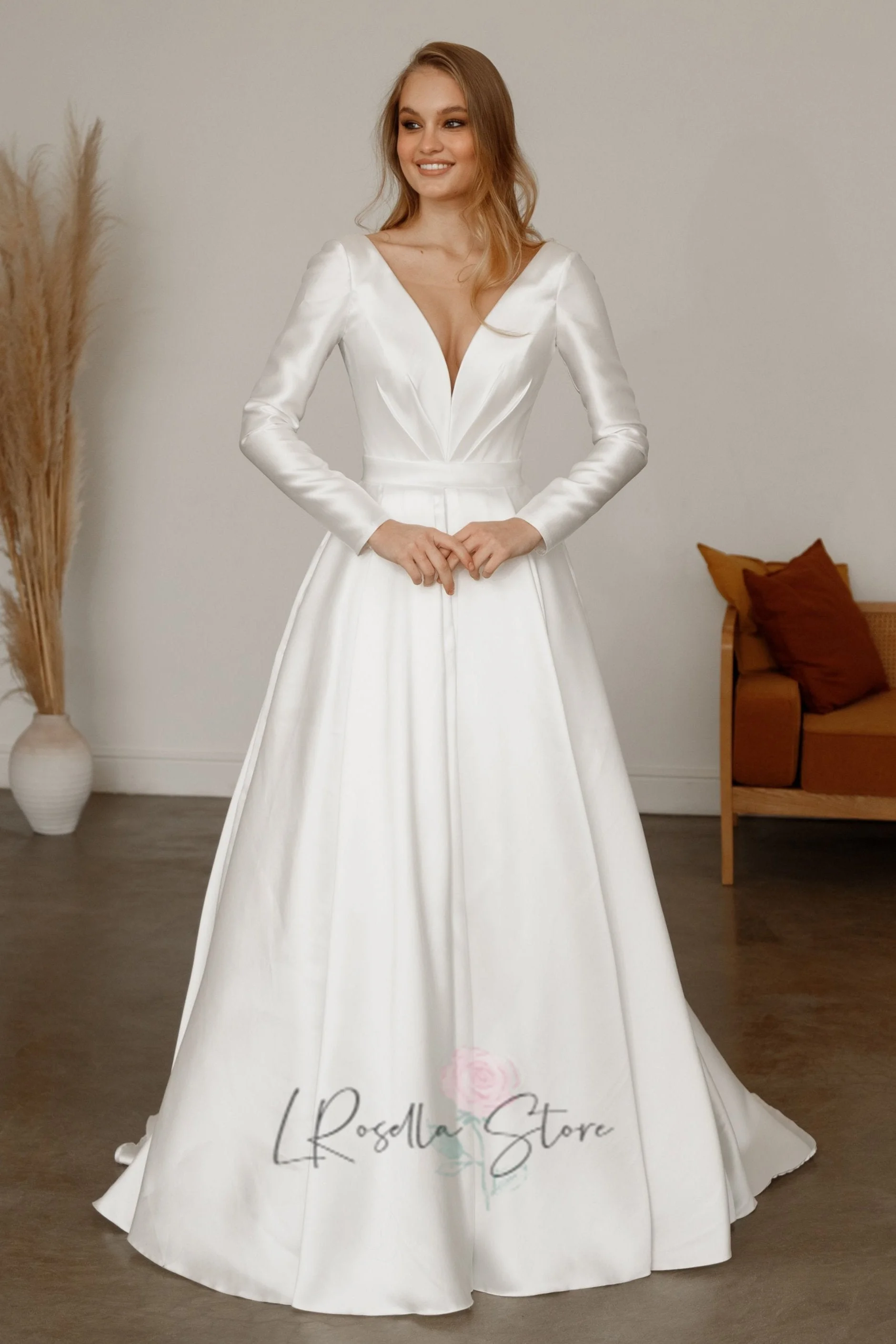 Customized High Quality Satin V-neck Long Sleeves A-line Wedding Dresses for Women 2024 Elegant Sweep Train Bridal Gown