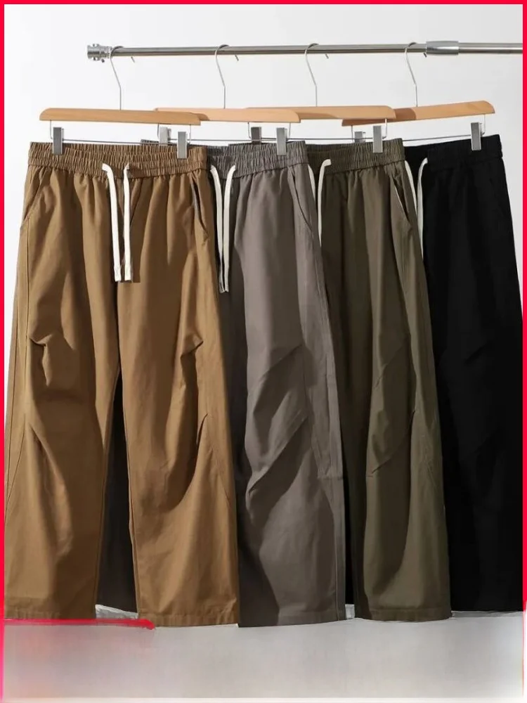 

Retro American Washed 100% Cotton Men's Loose Casual Pants Pleated Knife Craft Workwear Straight Leg High Waist Spring Casual