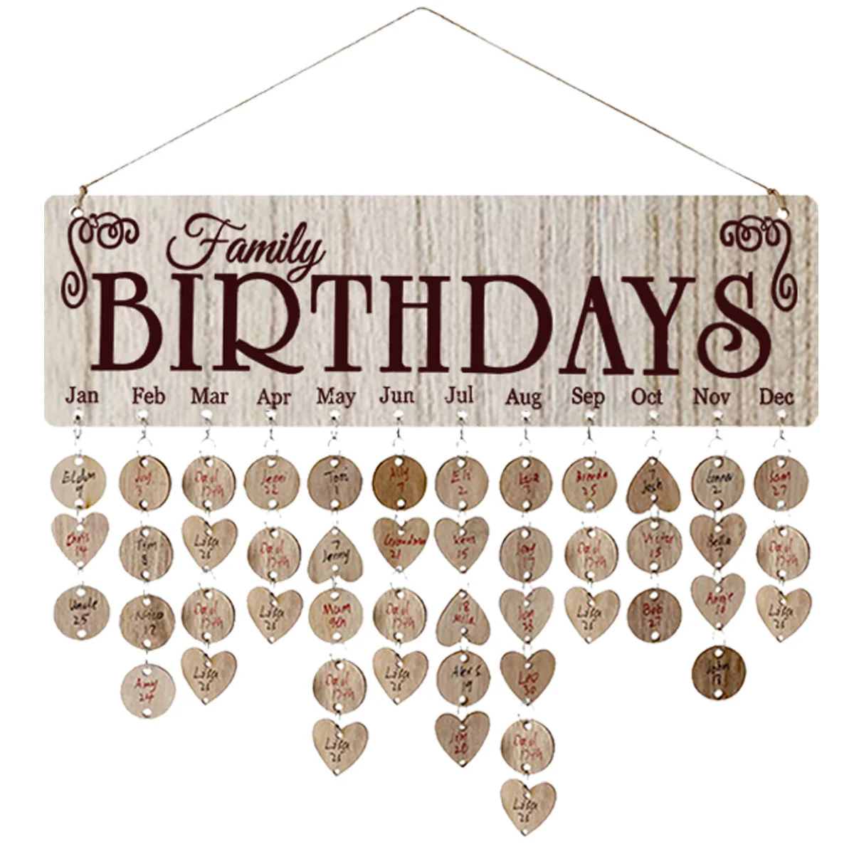 

1Set Wooden Hanging Calendar DIY Kit Brown Plaque with 50 Heart 50 Round Wood Slices for Name Date Tracking Home Decoration