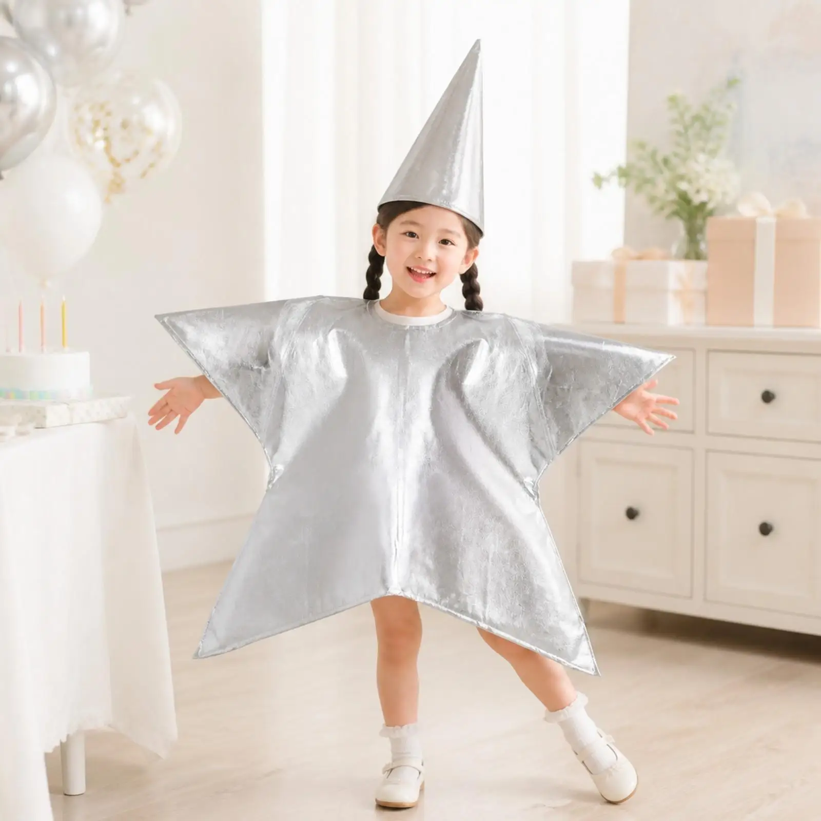 Polyester Children Star Costume with Cone Hat Shiny Performance Outfit for Christmas Party and Stage Show