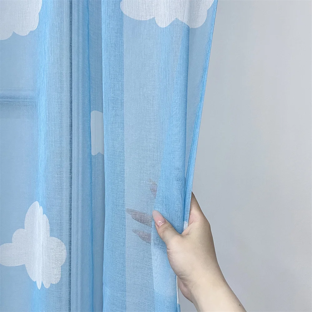 Blue Semi Sheer Curtains Clouds Printed Window Panels for Bedroom Living room Light Filtering Voile Kids Room Decor