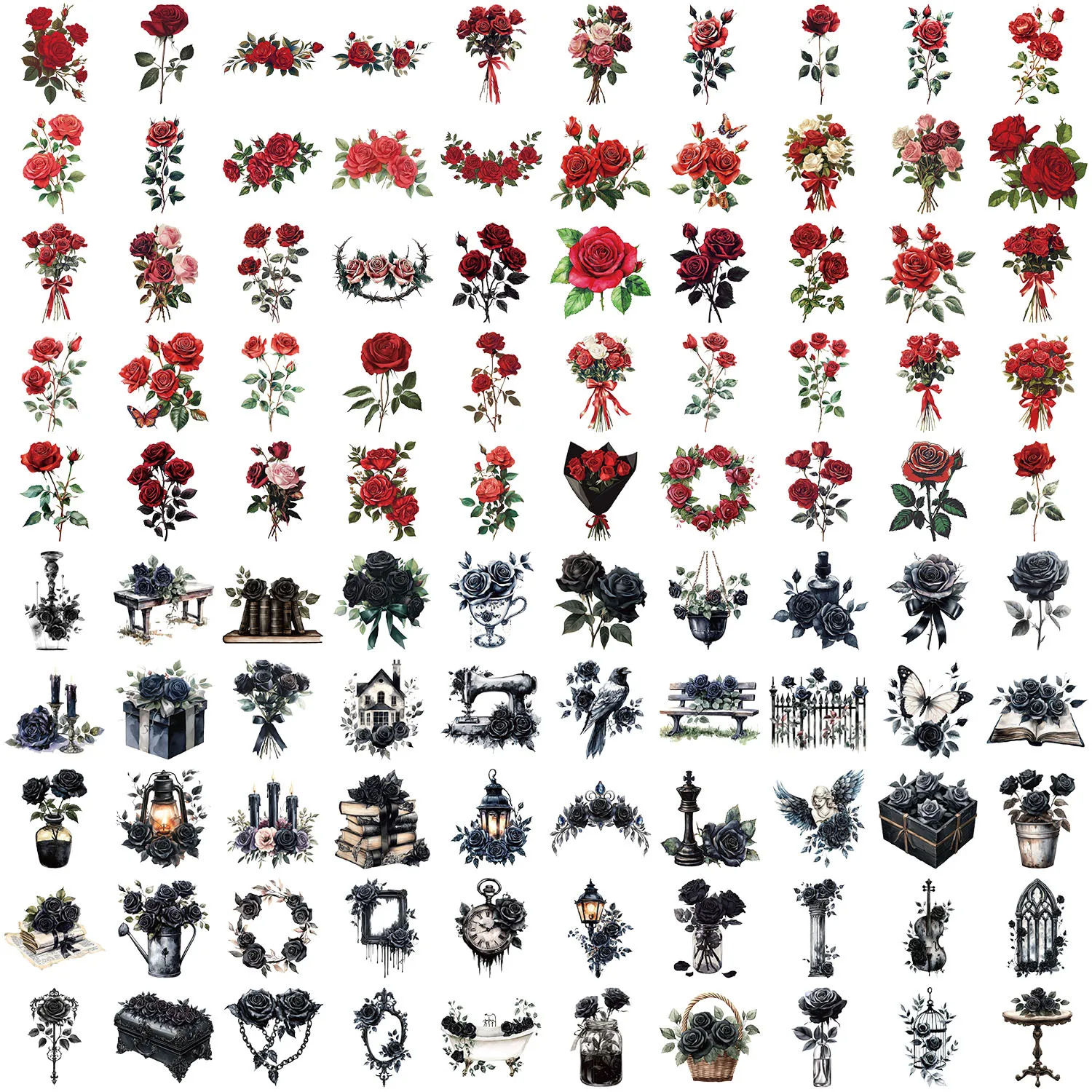 100/200 PCS Dunkel/Rote Rose Aufkleber DIY Notebook Schreibwaren Stift Halter Abnehmbare Dekor Telefon Gitarre Transparente PET Aufkleber