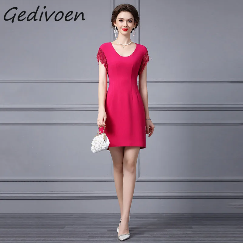 

Gedivoen Summer Fashion Designer Elegant Temperament Dress Women O-Neck Tassel Beading Evening Party High Waist Slim Mini Dress