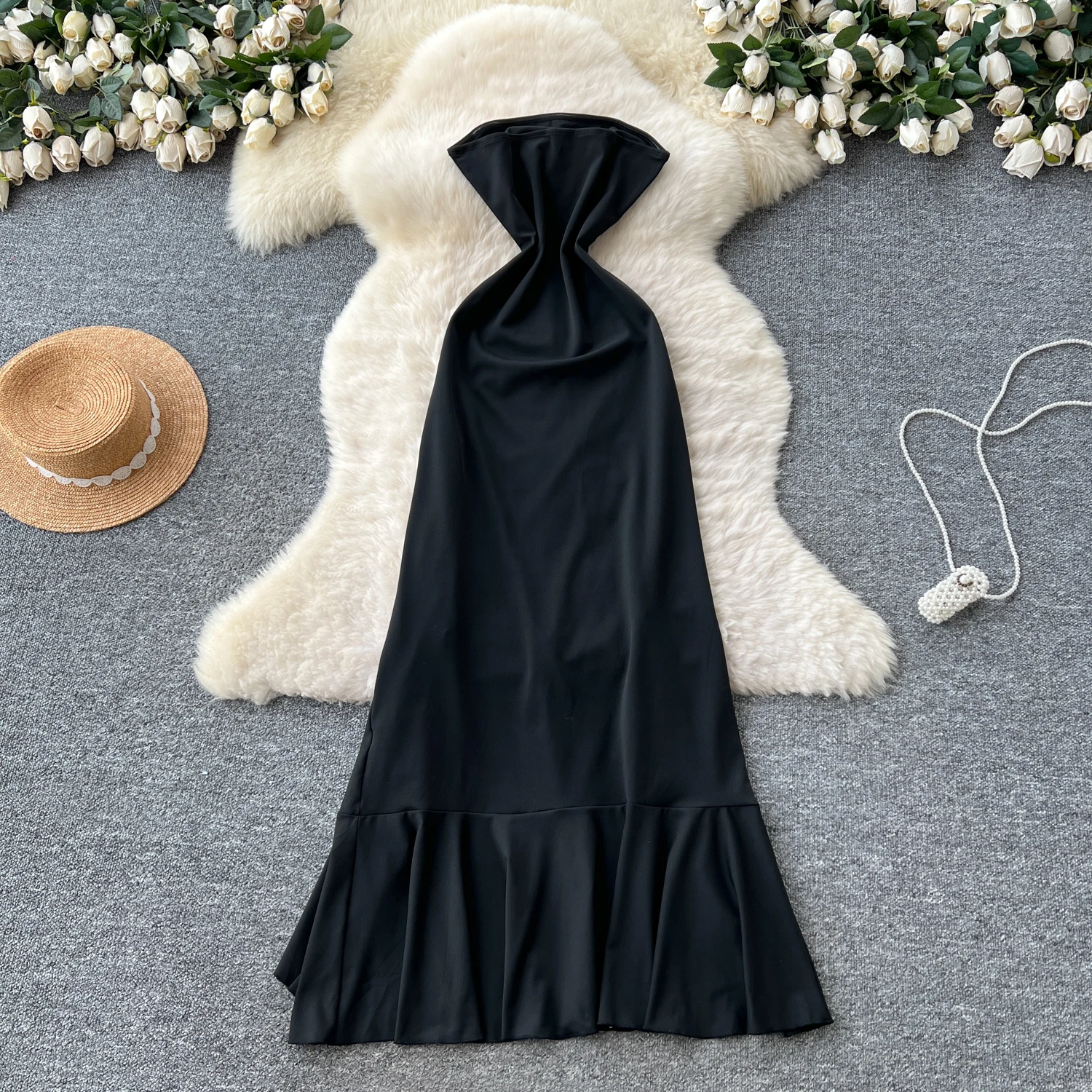 Chic vintage senza schienale con volant senza spalline Elegante fata moda coreana Boho Vestito estivo abbigliamento donna Abito lungo attillato