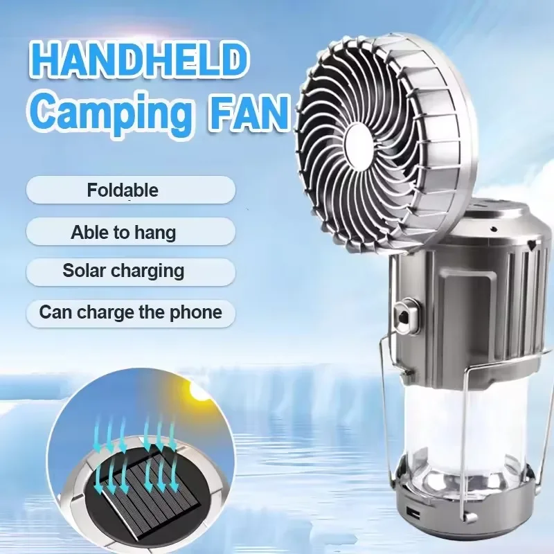 Solar Powered Camping Fan Laser Pointer Function Portable Rechargeable Foldable Hangable Design Power Bank LED Lamp Outdoor