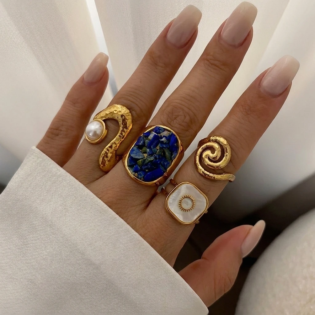 Stainless Steel Open Rings For Women Gold Plated Vintage Sun Pattern Shell Crushed Stone Hammered Finger Ring Party Jewelry Gift