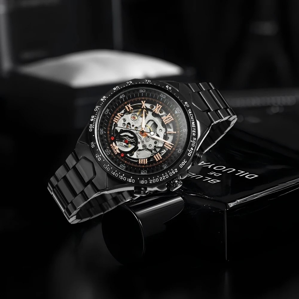 T-WINNER الرياضة الرجال التلقائي الهيكل العظمي ساعة ميكانيكية ريترو الأسود الجوف ساعة الأرقام الرومانية الصلب رجل الأعمال ساعات المعصم