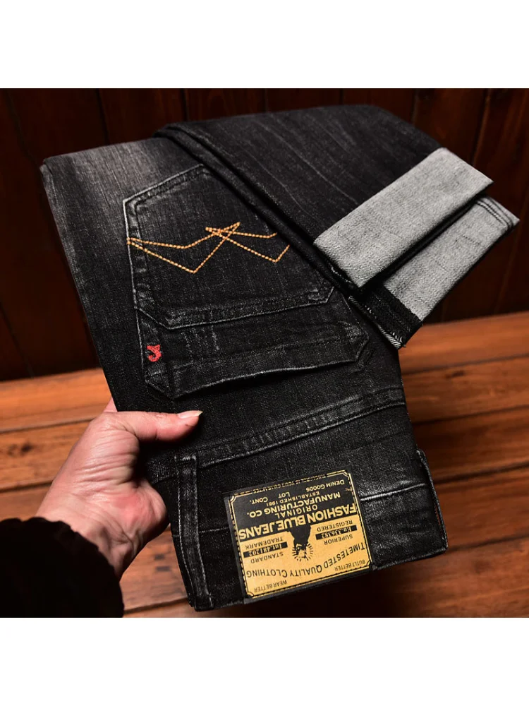 High end retro nostalgic black jeans men's spring and autumn style slim fit small straight tube versatile elastic trendy pants