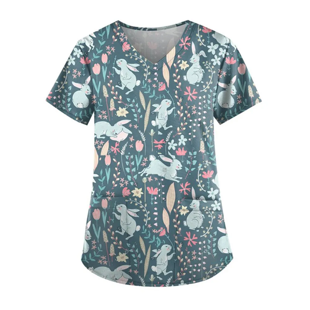Women Cartoon Rabbit Print V-Neck Patched Pocket Medical Uniforms Nursing Short Sleeve Tops Nursing Uniforms For Women