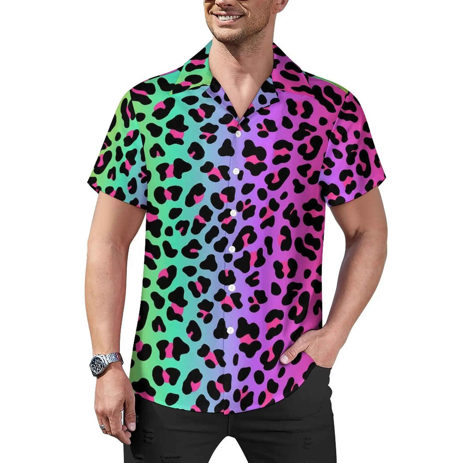 Rainbow Leopard Beach Shirt Cheetah Neon Print Hawaii Casual Shirts Male Retro Blouses Short Sleeve Pattern Clothing Big Size