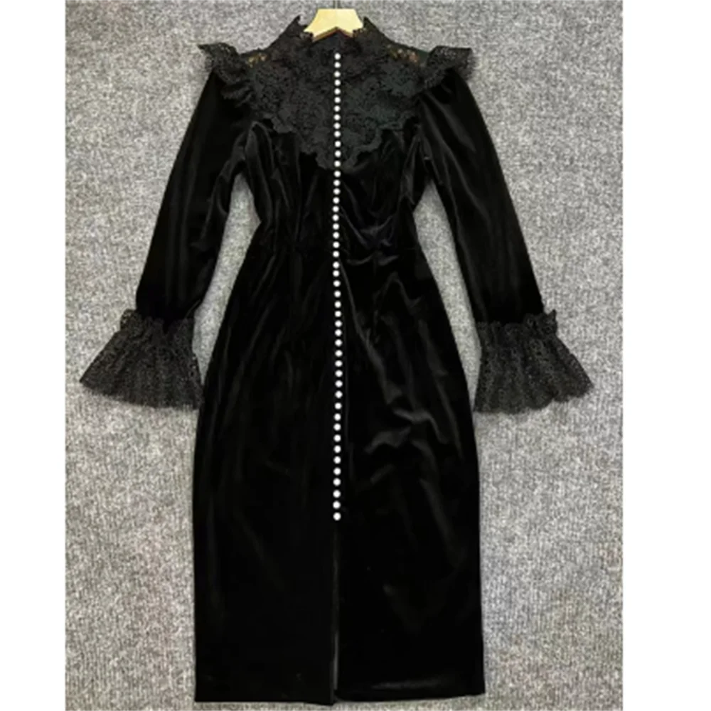 new lace spliced stand-collar horn cuff button sexy tight-fitting Velvet woman elegant knee length women girls dresses