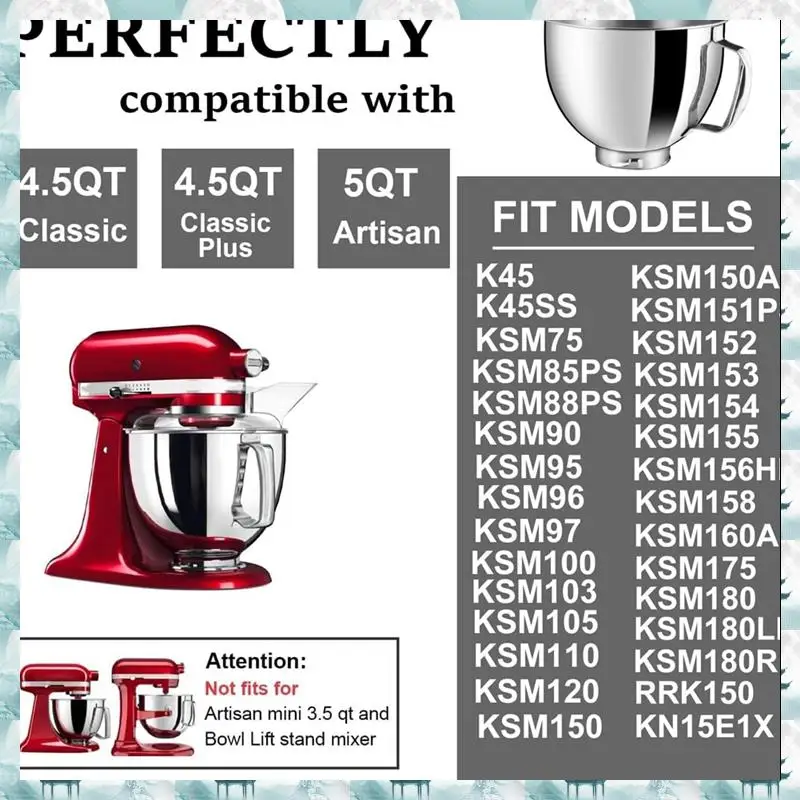 

For Kitchenaid 4.5-5QT Tilt-Head Stand Mixers Accessories Mixing Bowl+Dumping Protective Cover+Flat Stirrer Attachment Durable