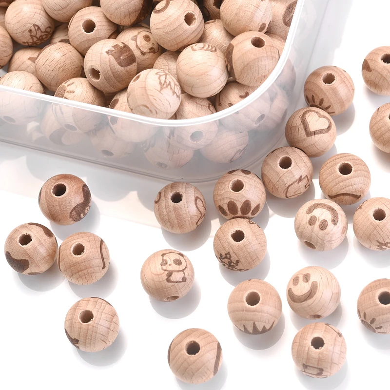 10/50Pcs 16mm Natural Wood Beads Cartoon Animal Heart Patter Round Spacer Wooden Lead-Free Balls Charms For Jewelry Making