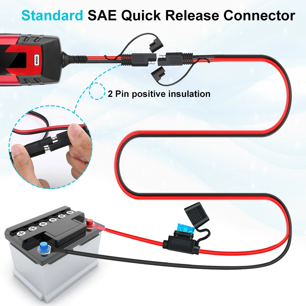 Gadpow 16AWG SAE 2-Pin Quick Disconnect to O-ring Terminal Harness Connector with 15A Fuse for Car Battery Charger Cable