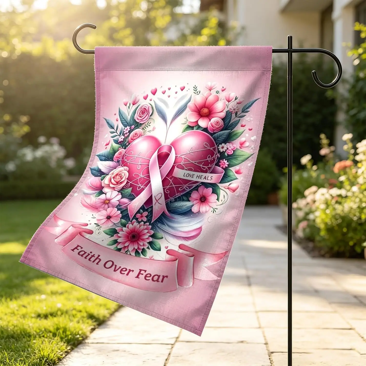 Breast Cancer Awareness Ribbon Garden Flag 12x18 Inch Heart Yard Flag | Durable Double-Sided Ribbon Garden Flag Fade-Resista uui