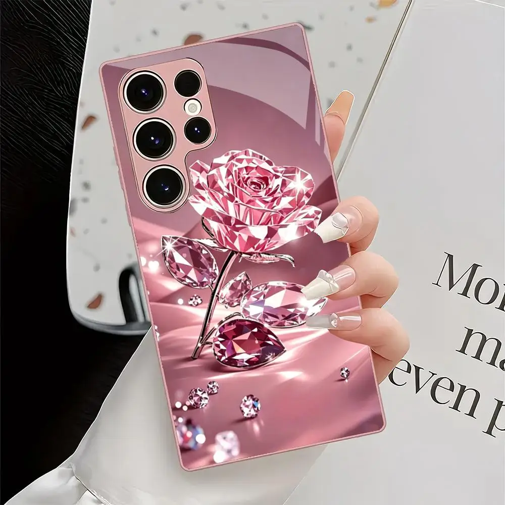 Pink rose metal paint glass phone case suitable for Samsung Galaxy S26 S25 S24 S22 S21 S20 FE/Ultra/Plus shockproof back cover