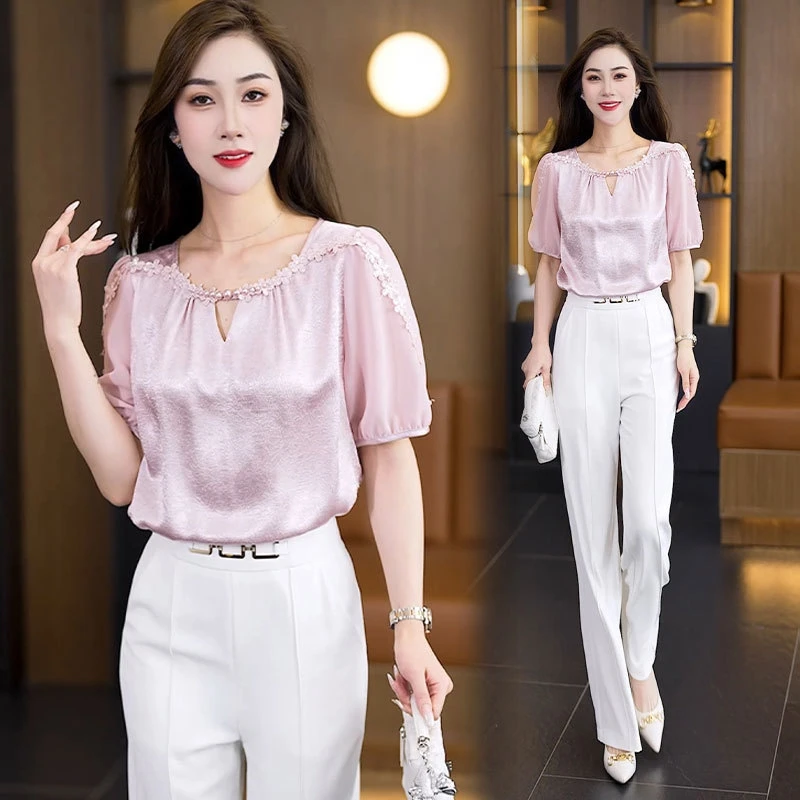 Blusa de gasa de estilo francés para mujer, Tops de manga corta con cuentas y cuello redondo, ropa informal elegante para uso diario, verano 2025