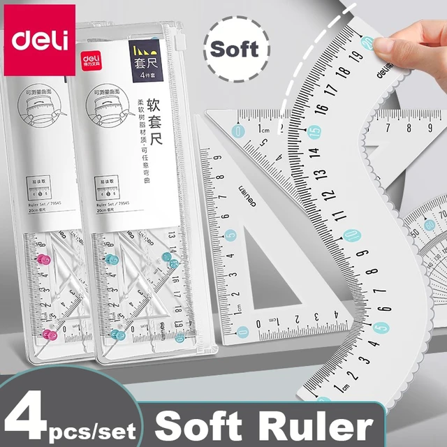 Zestaw linijek Deli Transparen Soft 4 w 1, plastikowe linijki dla uczniów do rysowania, geometrii matematycznej, artykuły szkolne, linijka krzywoliniowa