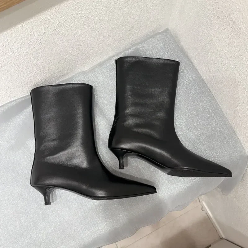 SEXY Black Pointed Toe Cat Heel Mid Calf Boots for Women Soft Leather PU Design Low Heel Wide Mouth French Style Ankle Boots