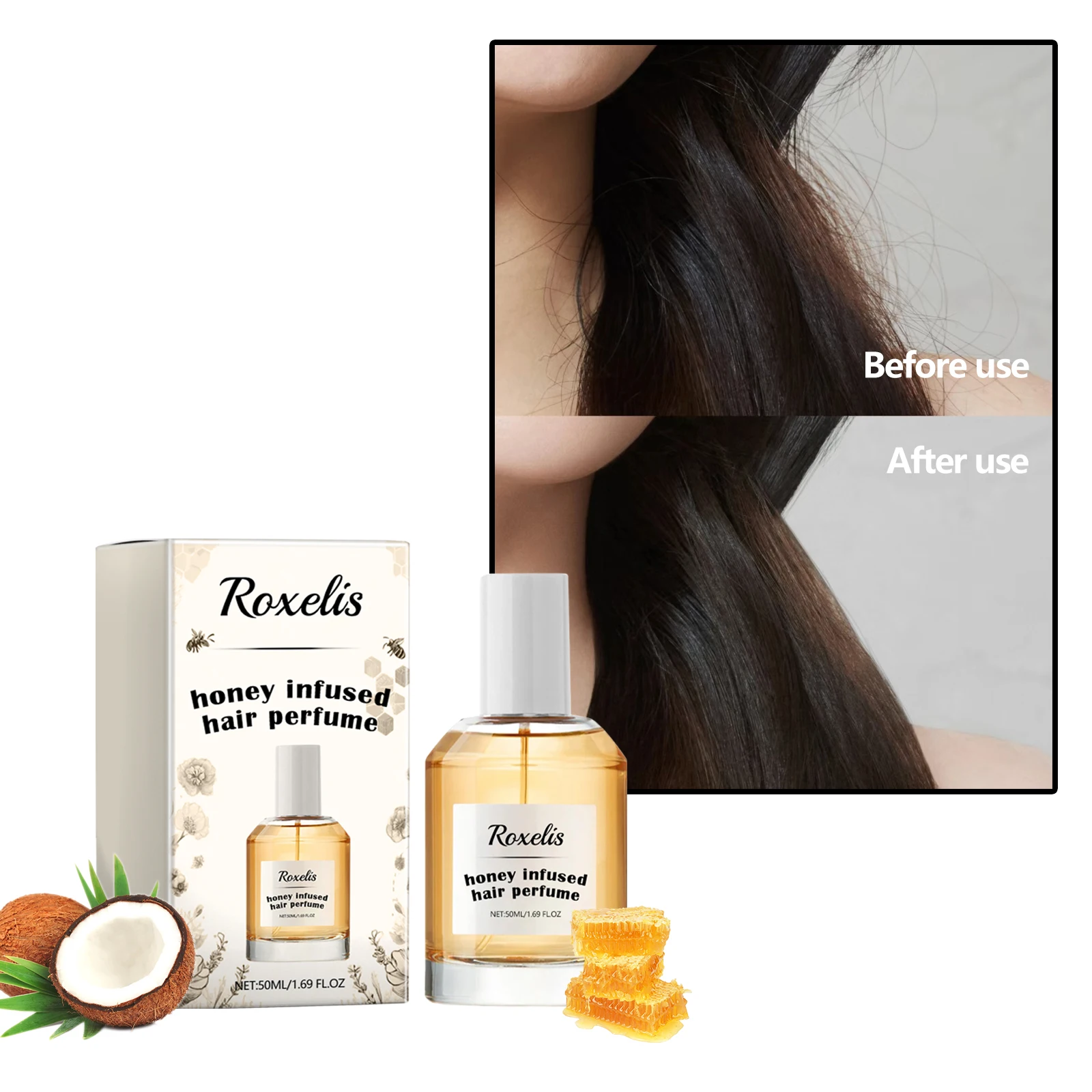 Roxelis Honey Hair Care Perfume Hair Care Fragrance Nourish and Repair Dry and Coarse Hair Moisturizing Perfume 1.69 oz