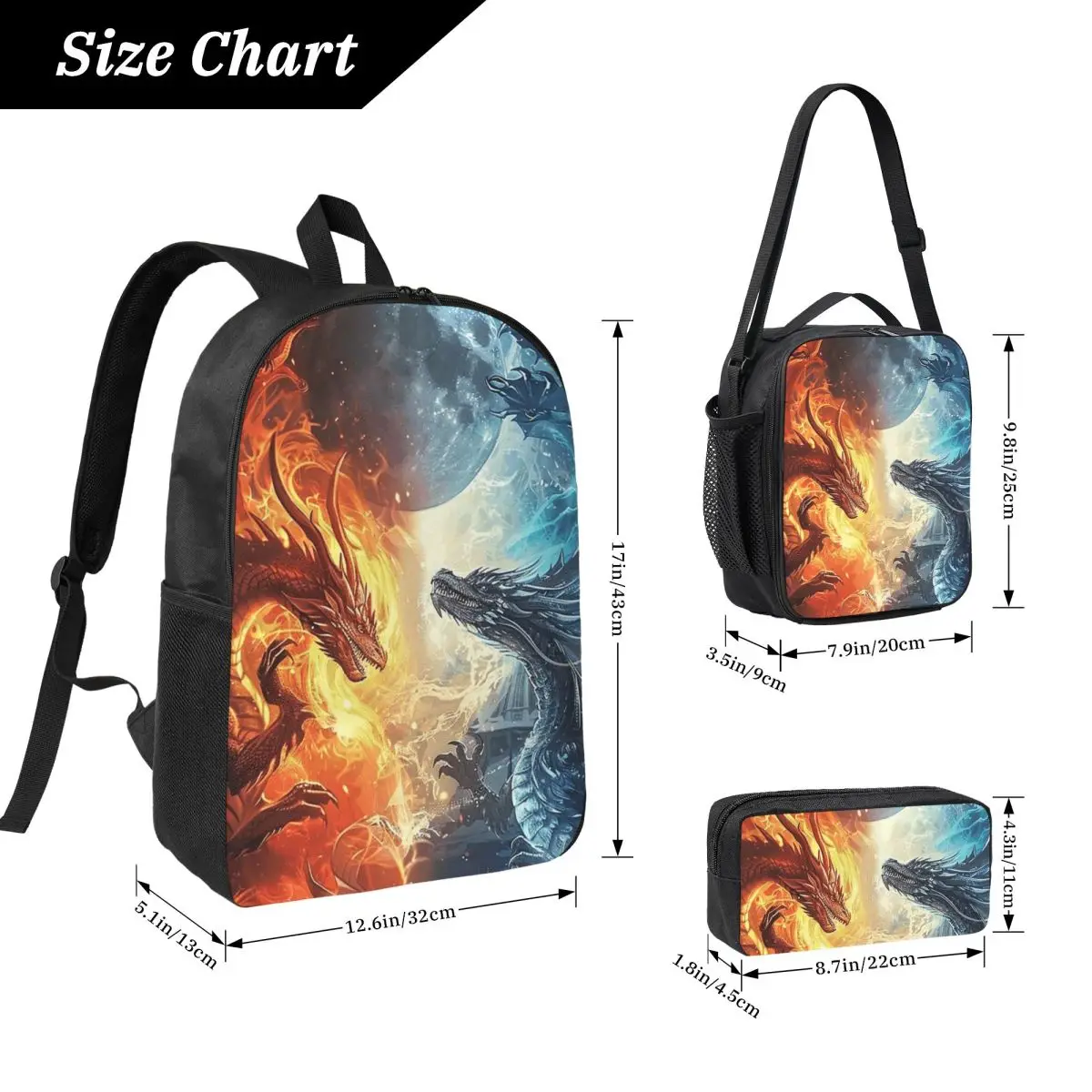 Red Fire Dragon Backpack Student BookBag School Bag Laptop Shoulder Bags 3ps Insulated Lunch Bag Pencil Case