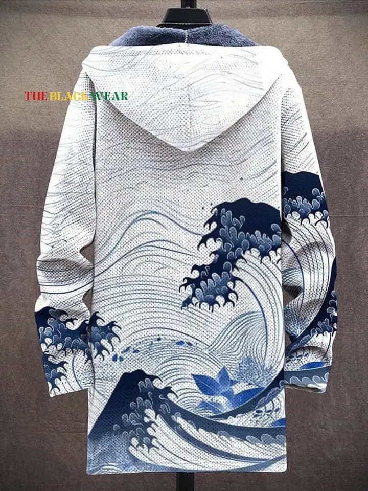 Japanese Ukiyo-e Waves Unisex Plush Thick Long-Sleeved Sweater Cardigan Coat Men's Thick Warm Jacket
