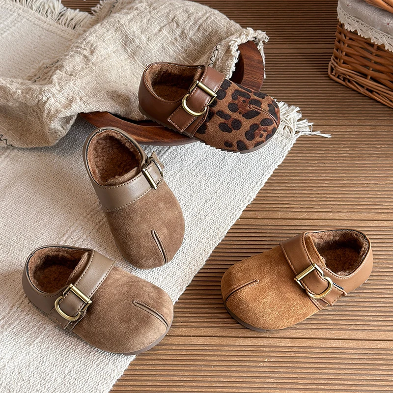 Winter New Children Leather Shoes Warm Outdoor Girls Causal Cotton Shoes Solid Color School Simple Kids Fashion Flat Plush Shoes