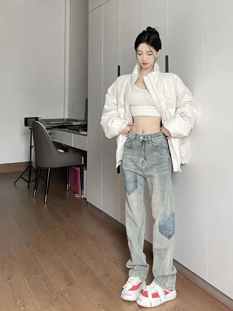 American Retro High Street Stretch Straight Jeans Washed Loose New High Waist Slim Floor Mopping Pants