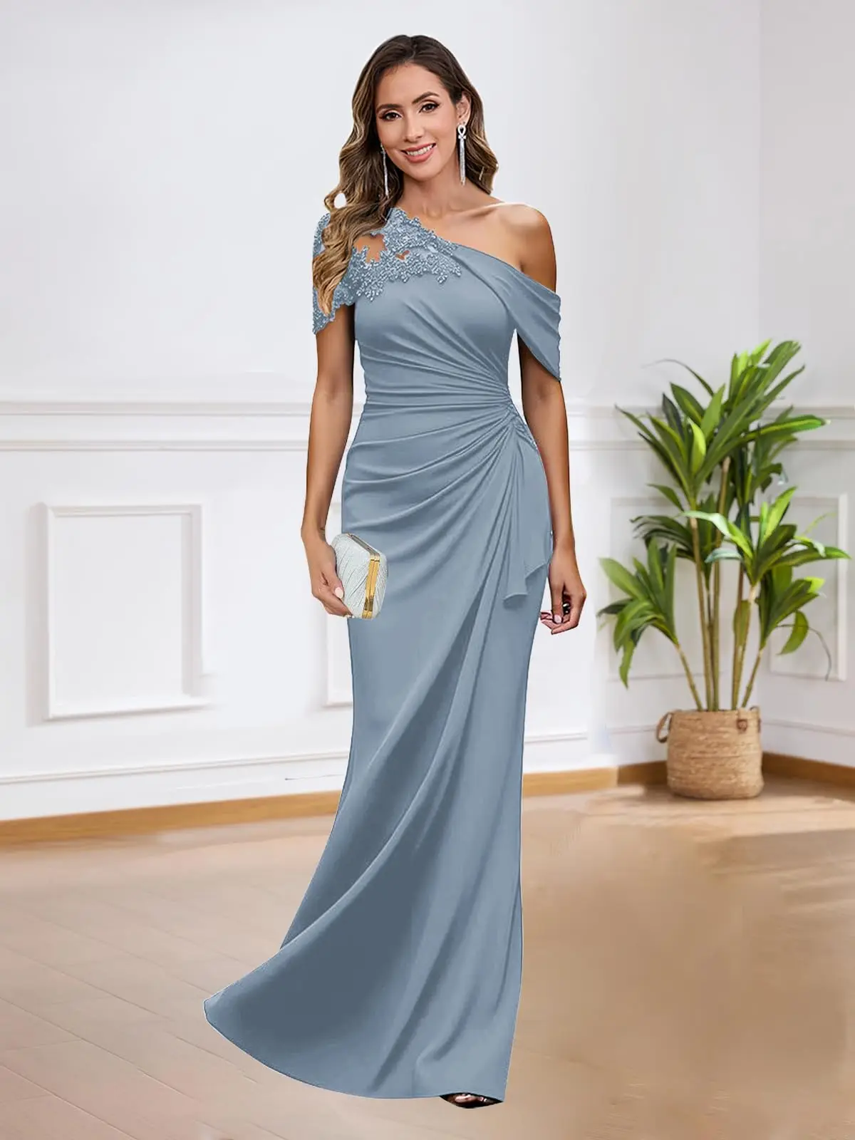 

Chiffon Mother of The Bride Dresses for Wedding Long Lace Applique Off The Shoulder Fall Formal Wedding Guest Dress