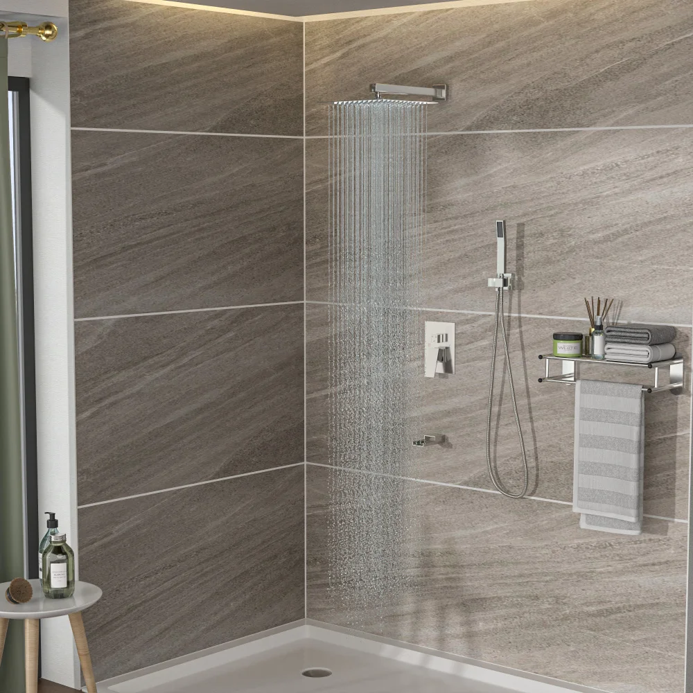 Duschsystem mit Wasserfall-Wadewannenauslauf, 25,4 cm großes, an der Wand montiertes quadratisches Duschsystem mit grobem Ventil, gebürstetes Nickel