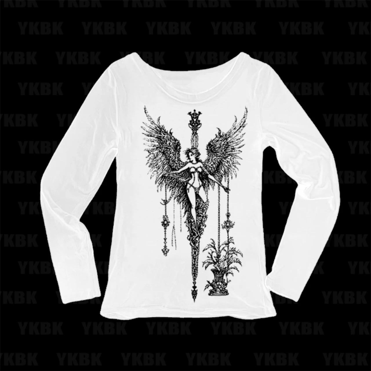 Gothic Angel Sword Vintage Sketch Long Sleeve T Shirt Women Dark Aesthetic Wing Lady Print Casual Crew Neck Ladies Graphic Tee T