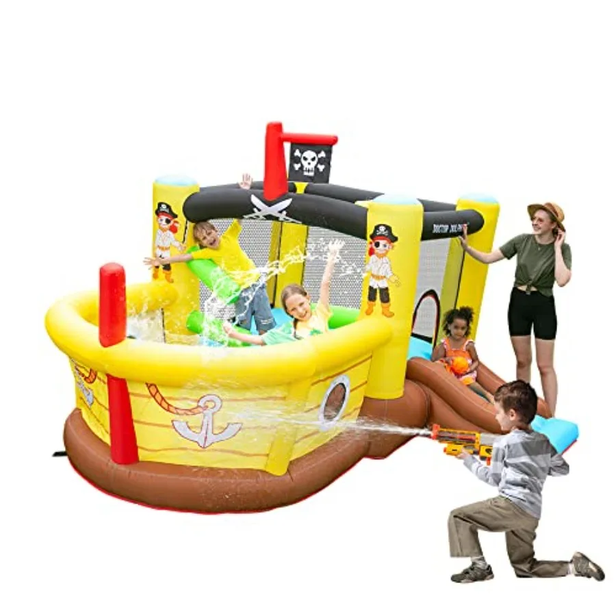 Bounce House Opblaasbare Glijbaan met Obstakels - Blower - Piratenschip Thema - Ballenbak - Basketbalring, Opblaasbare uitschuifregels voor