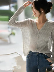 Women's Cardigan Spring/Summer Worsted Wool Knitwear Casual Solid Sweater Loose Blouse V Neck Tops Sun Protection Ladies Clothes