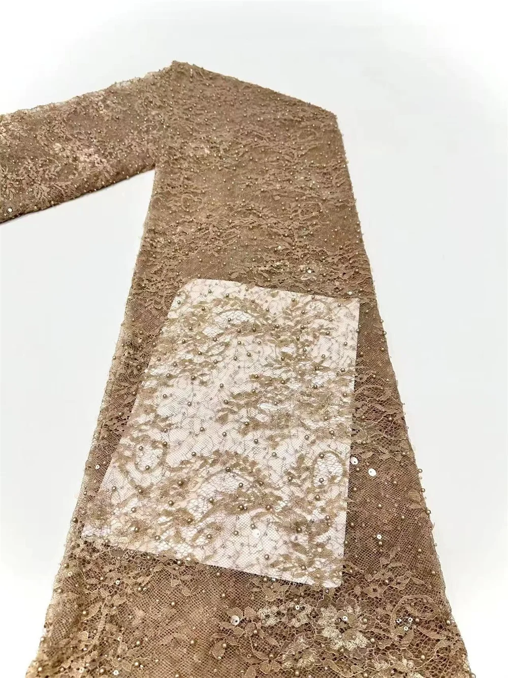 

New African Mesh Lace Fabric 5 Yard High Quality Wedding Dress Luxury Gold Lace Embroidery Nigerian Beaded Lace Fabrics A1269-1