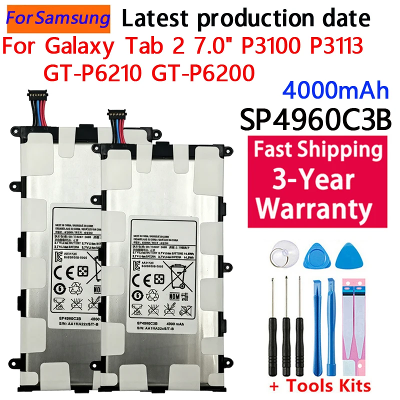 4000mAh Brand New Tablet SP4960C3B Battery For Samsung Galaxy Tab 2 7.0/7.0 Plus GT-P3100 P3100 P3110 P6200 Replacement Tablet