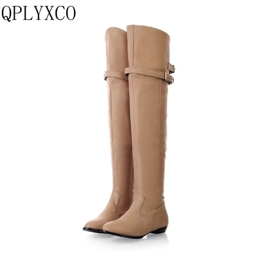 QPLYXCO 2017 New Big Size 34-48 Women Flat Boots Over Knee Winter Warm Long Round Toe Fashion Botas Footwear Shoes 181