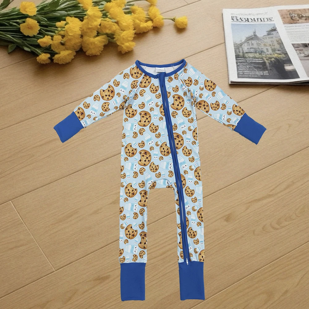 

9.22 Wholesale western boutique onesies Newborn toddler Baby Boys Blue Milk Cookies Christmas Zipper Pant Rompers