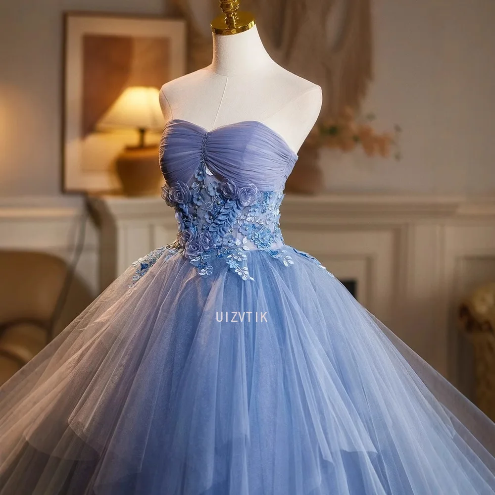 Robe de bal bleue sans bretelles, Sexy, élégante, ligne A, avec des appliques, robes de célébrité, robe de soirée pour femmes, sans manches, robe formelle personnalisée