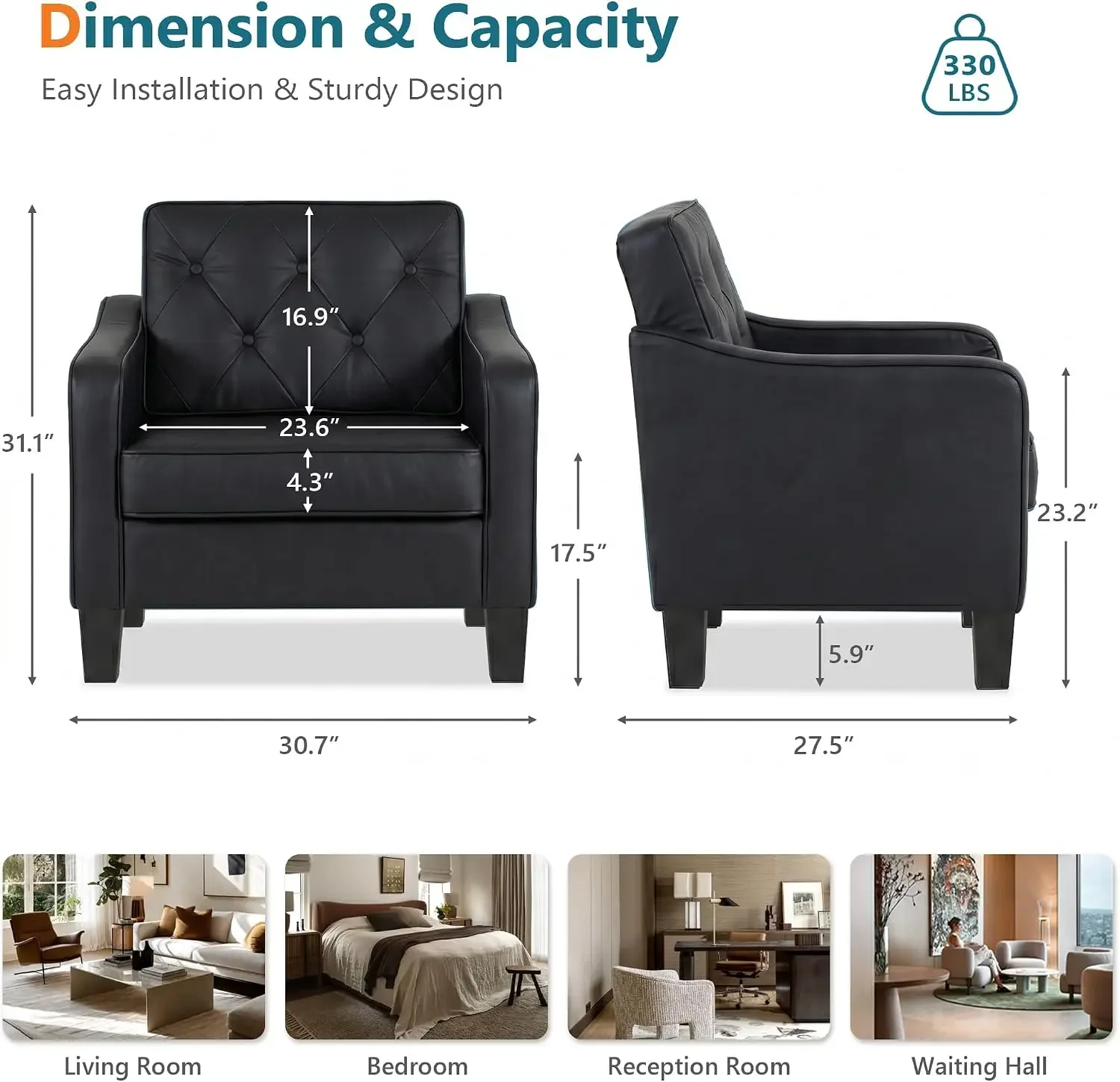 Black Accent Chairs Set 2, Faux Leather Armchair, Mid Century Modern Lobby | Waiting Room Chairs, Tufted Back Upholstered, 330LB