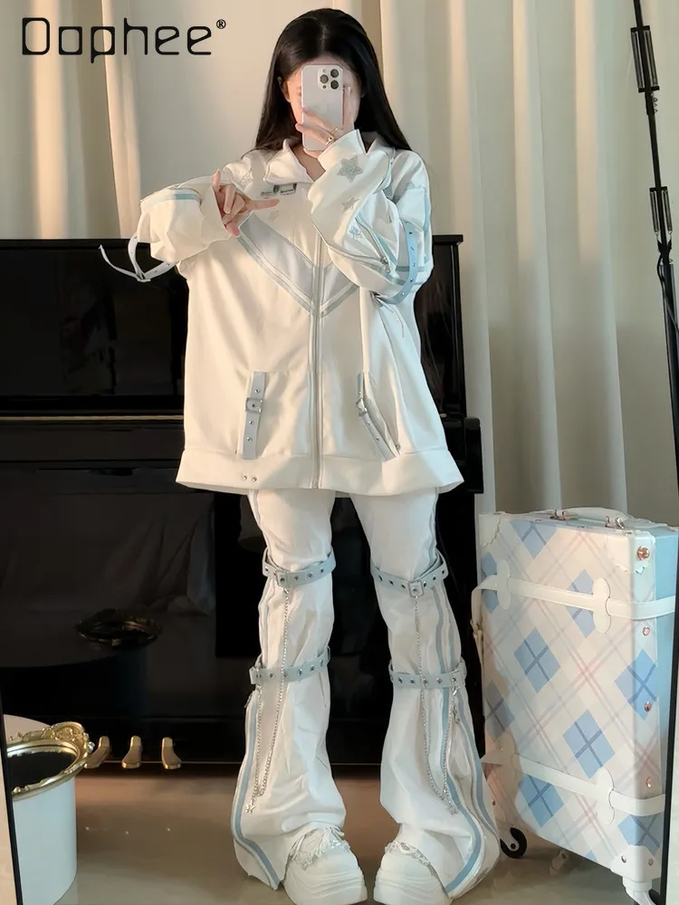 Kawaii Light Blue Strap Zip Up Jacket Oversized Patchwork Buckle Harness Decor Harajuku Sweet Techwear Zip Hoodie Coat
