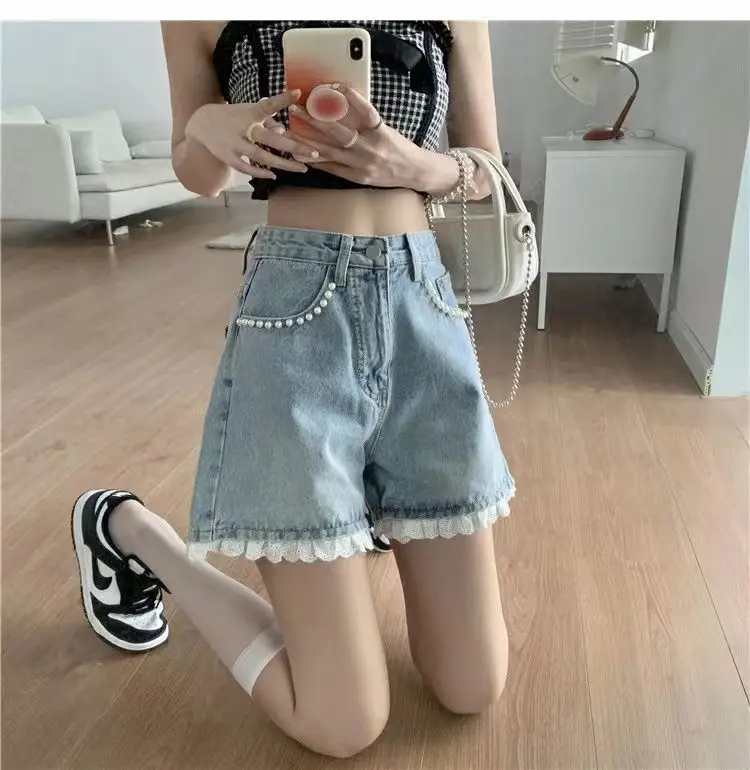 Women Summer Lace Beaded High Waist Denim Shorts Fashionable High Waist Slim And Wide Legs A-Line Hot Pants Plus Sized