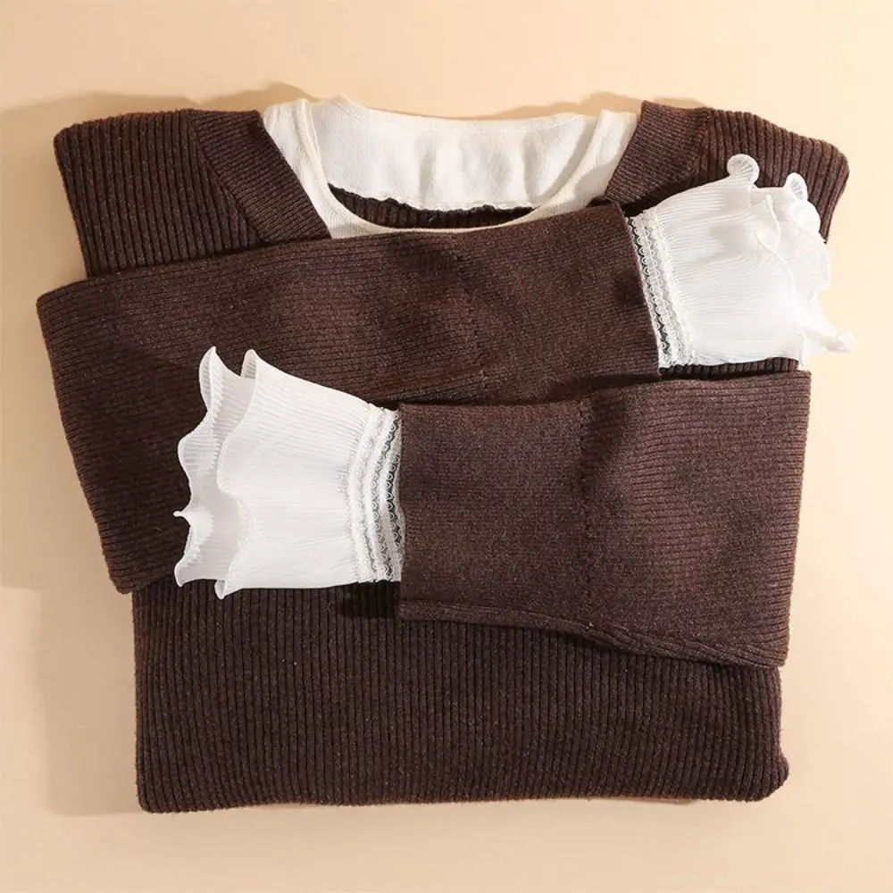 Manset Palsu Berlapis-lapis Model Ruffle, Dapat Dilepas, Warna Putih Hitam, Manset Sweater