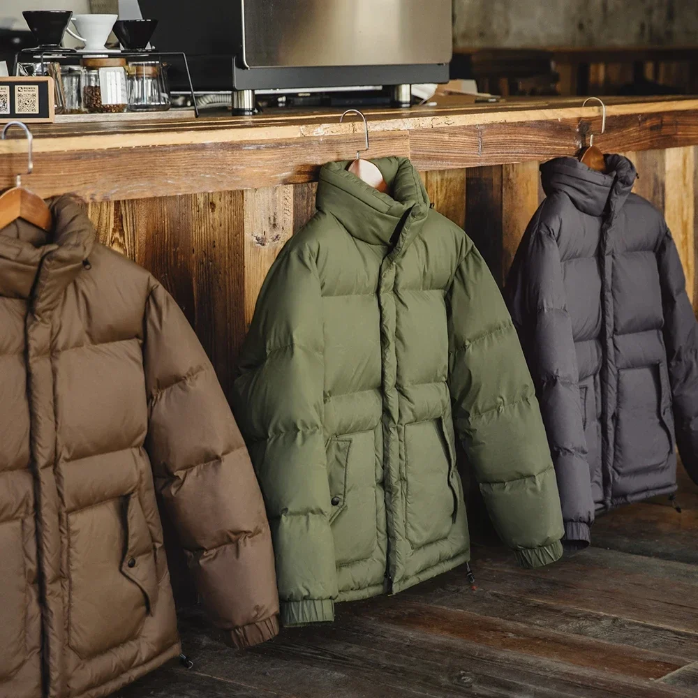 Maden Vintage Waxed Down Jacket for Men Warm Thick Hooded Stand Collar Puffer Coat Outdoor Winter Cold-Proof Outerwear