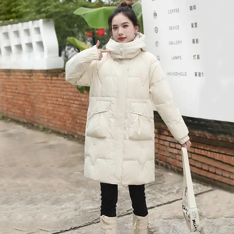 Women's Removable Hat Cotton Jacket Loose Fit Cotton-Padded Parka Mid-Length Winter Overcoat Thick Warm Fashionable Outerwear