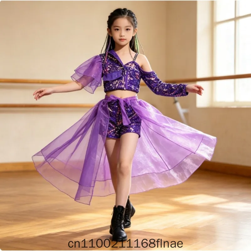 Girl Street Dance Show Trendy Dress Model Photography Purple Set Children's Jazz Dance Girl Dance Performance Dress Trendy